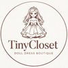 Logo of TinyCloset Doll Dress Boutique featuring a stylized illustration of a doll in a dress.