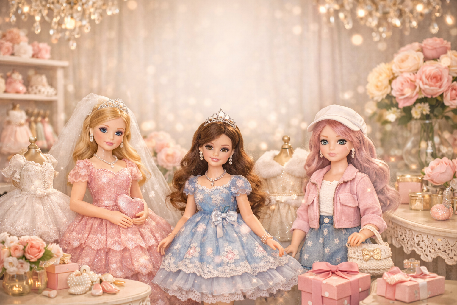 Three dolls in elegant dresses with accessories on a decorative background